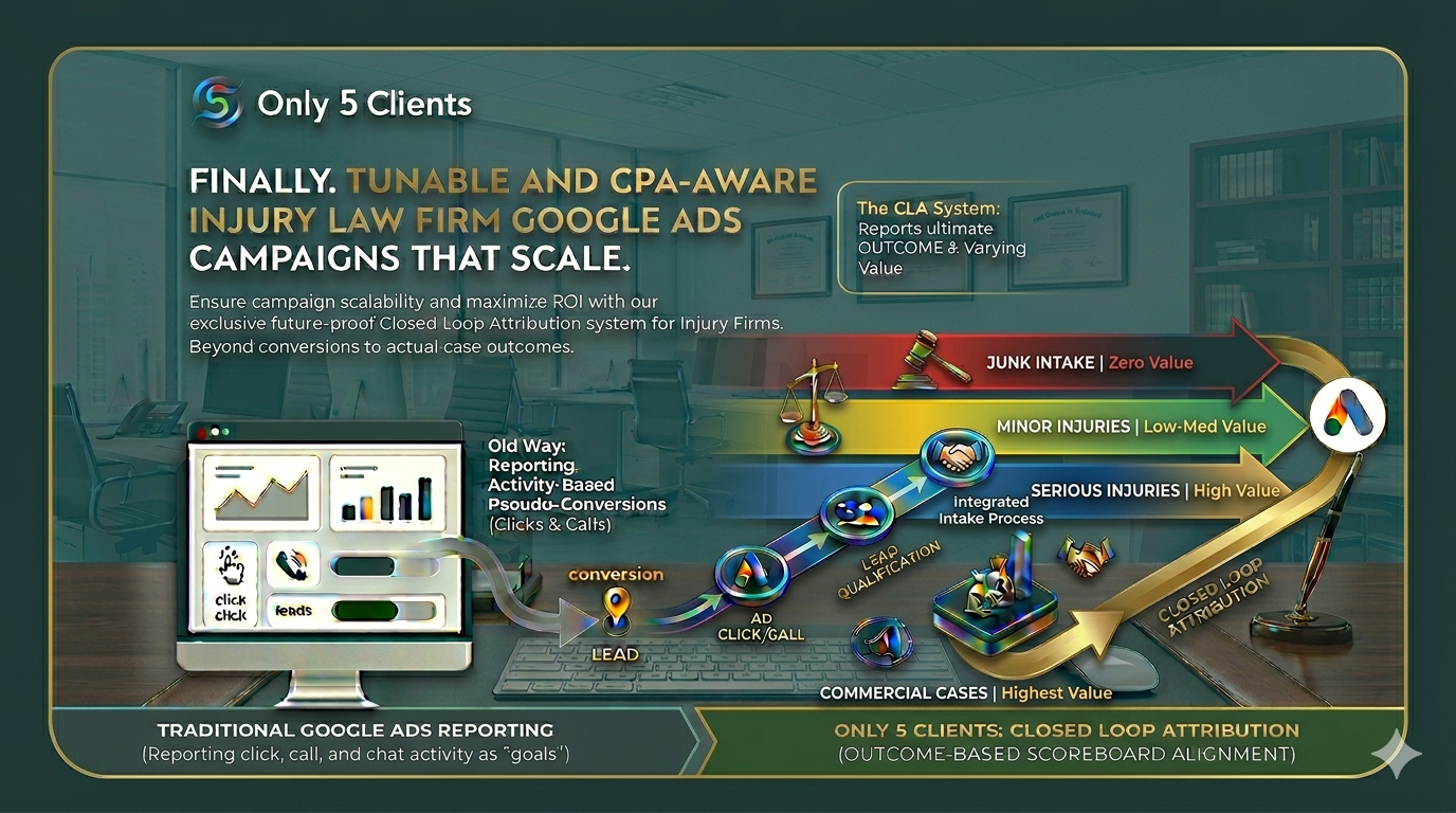 Closed Loop Attribution diagram showing traditional activity-based Google Ads reporting on the left versus outcome-based reporting on the right, with case values increasing from junk intake through commercial cases